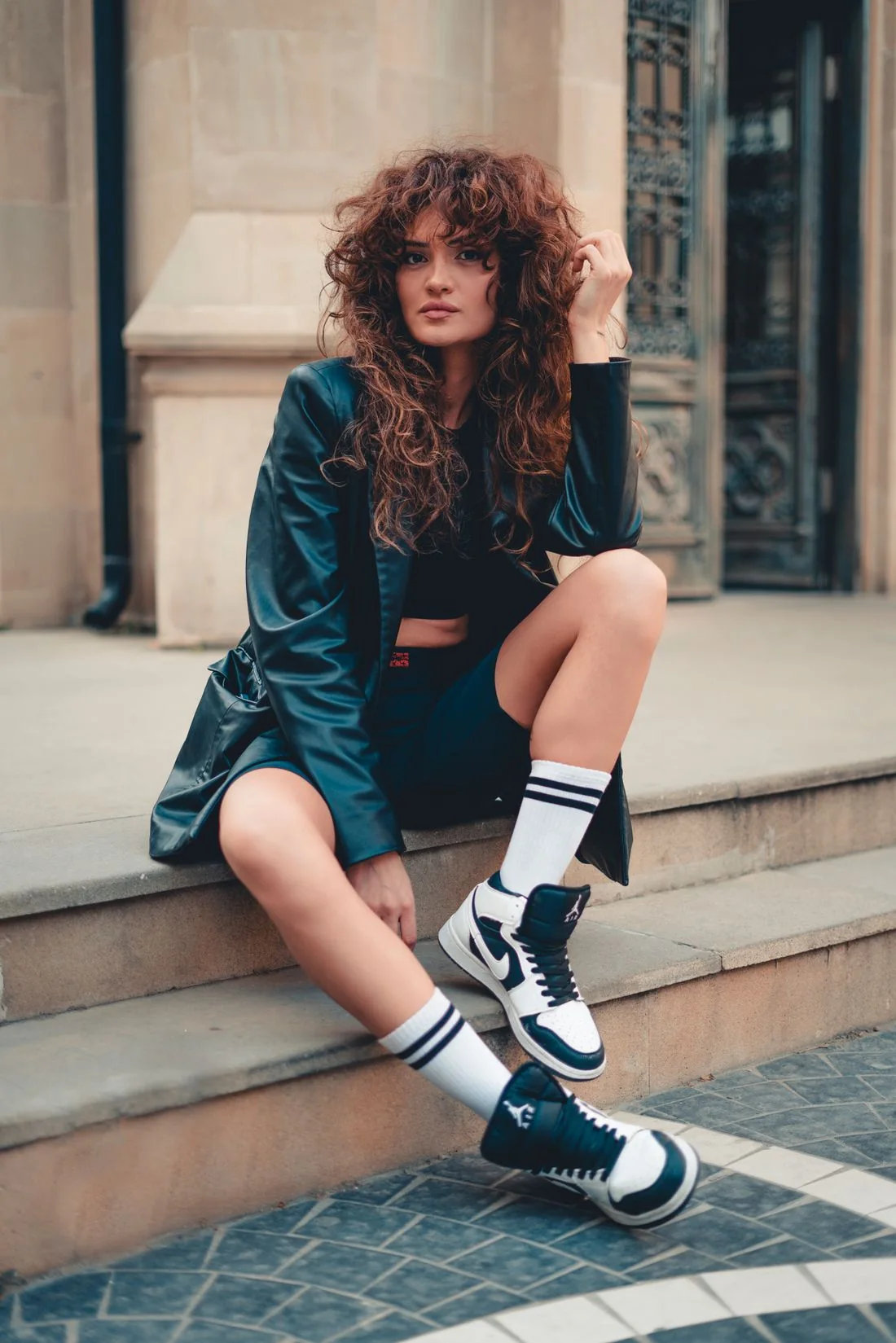 Woman wearing casual sneakers in an urban setting