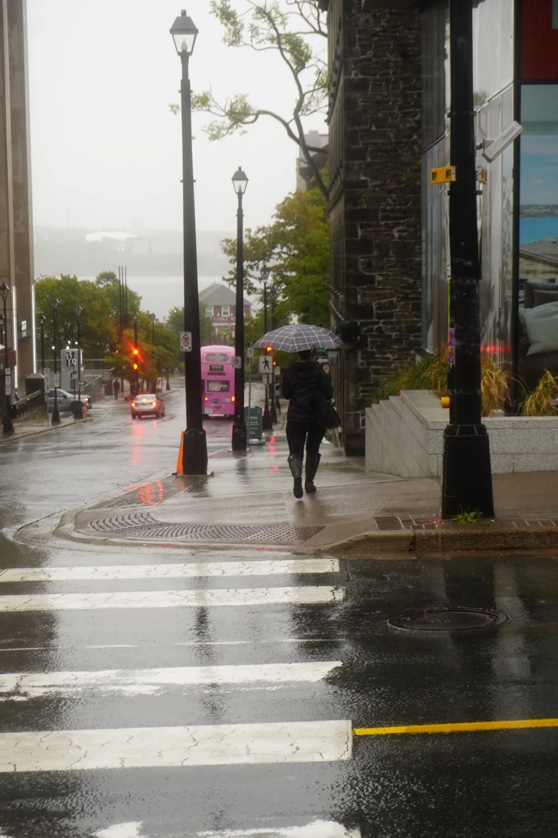 A person with an umbrella walking along a rainy street